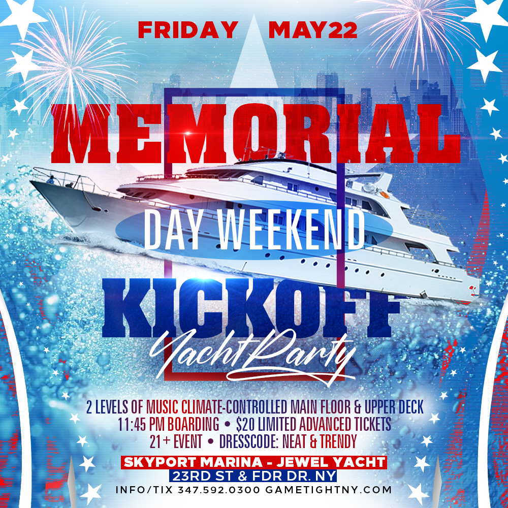 NYC Memorial Day Weekend Kickoff Yacht Party Cruise at Skyport Marina 2020 