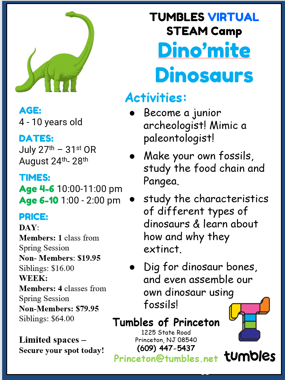 TUMBLES VIRTUAL STEAM-Camp-Dino'mite Dinosaurs
Summer Camp
