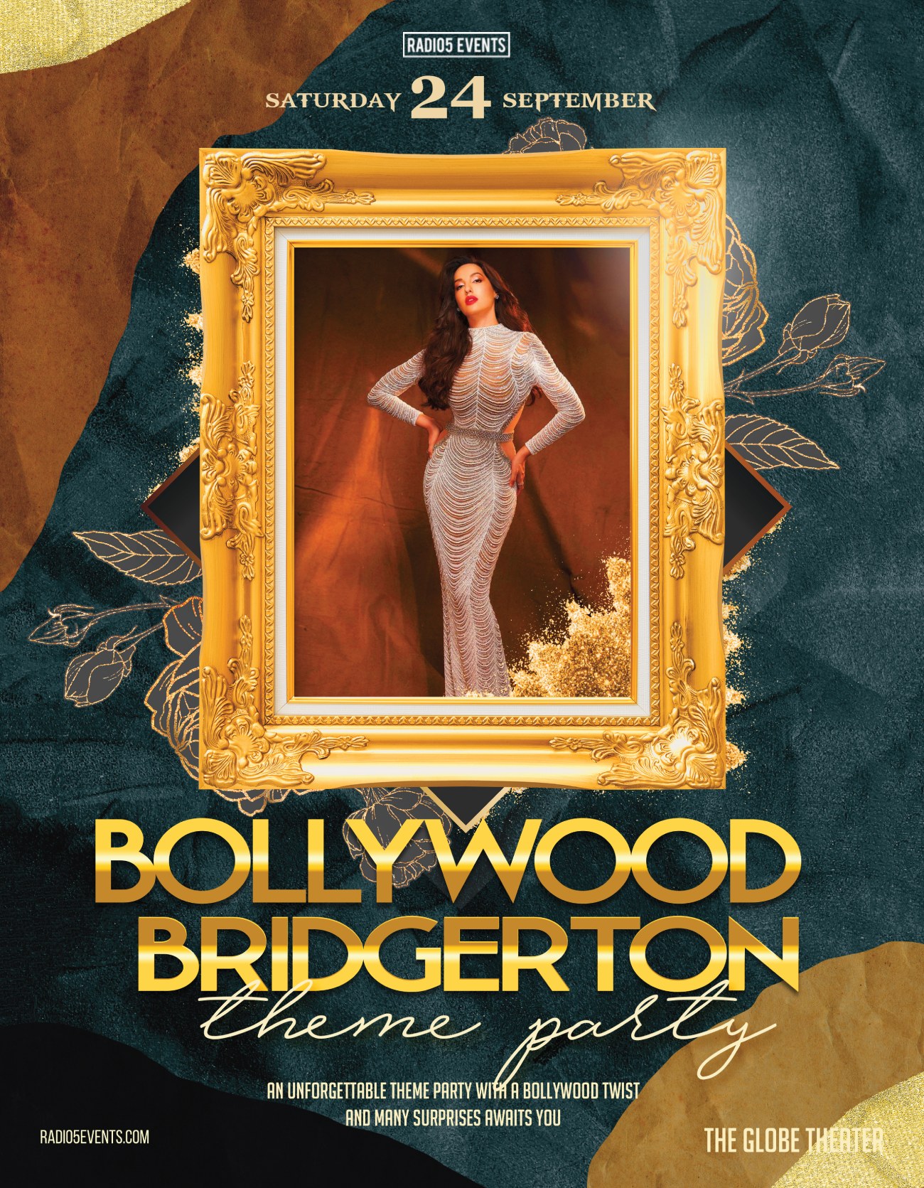 Radio5 Events presents, Bollywood Bridgerton Theme Party @ the world famous Globe Theater! Red Carpet Affair, Celebrity invited guests w/ Celebrity DJ Nasha LIVE and more! This Year's Most Anticipated Bollywood Party!