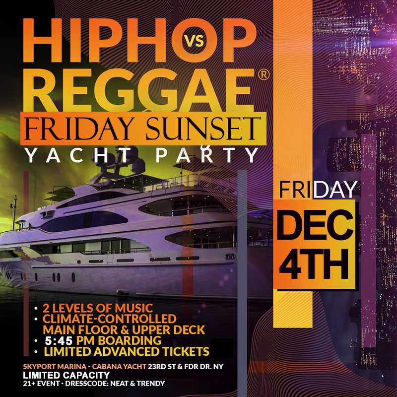 NYC Hip Hop vs Reggae® Sunset Cruise Skyport Marina Cabana Yacht
