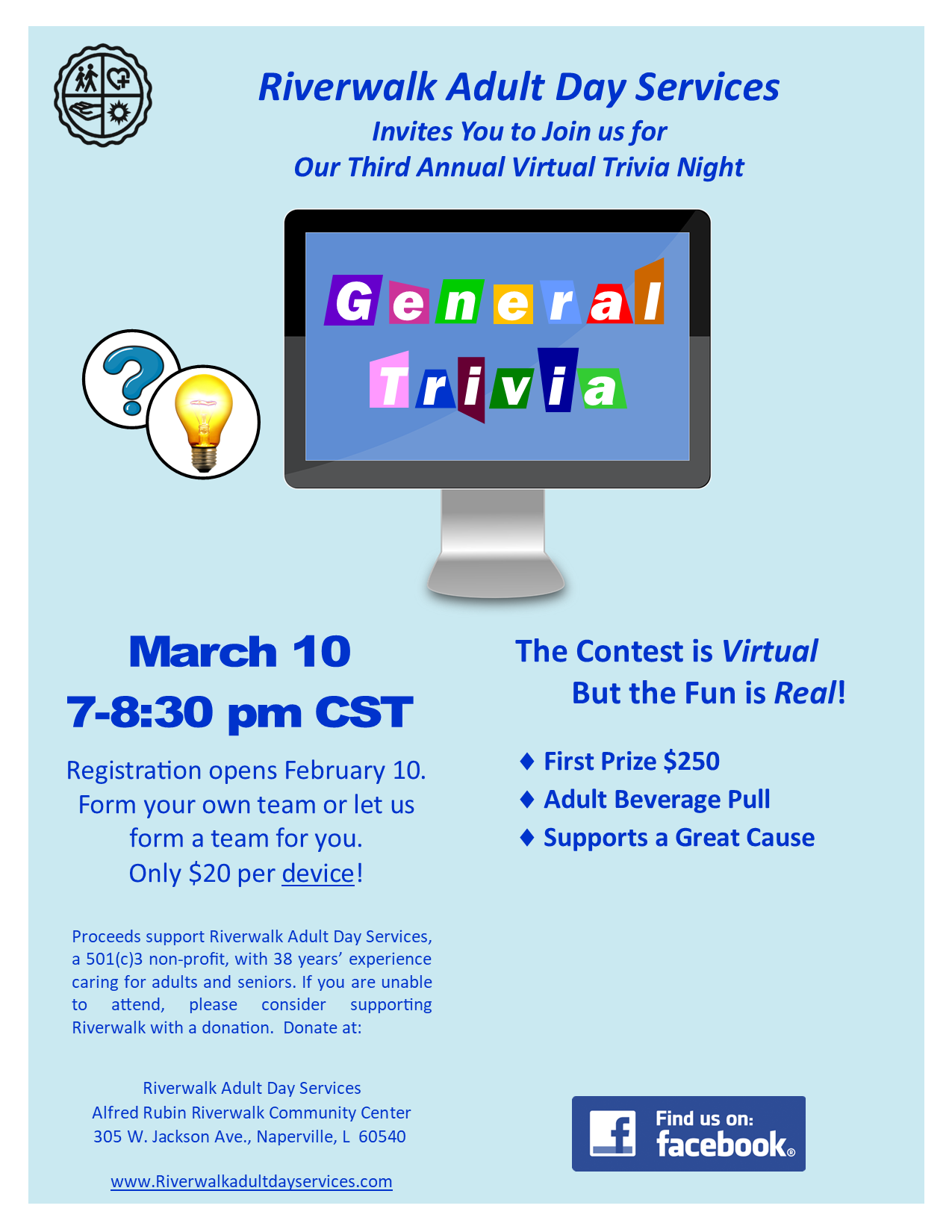 Riverwalk Adult Day Services, Virtual Trivia Night Fundraiser Riverwalk Adult Day Services, Virtual Trivia Night Fundraiser