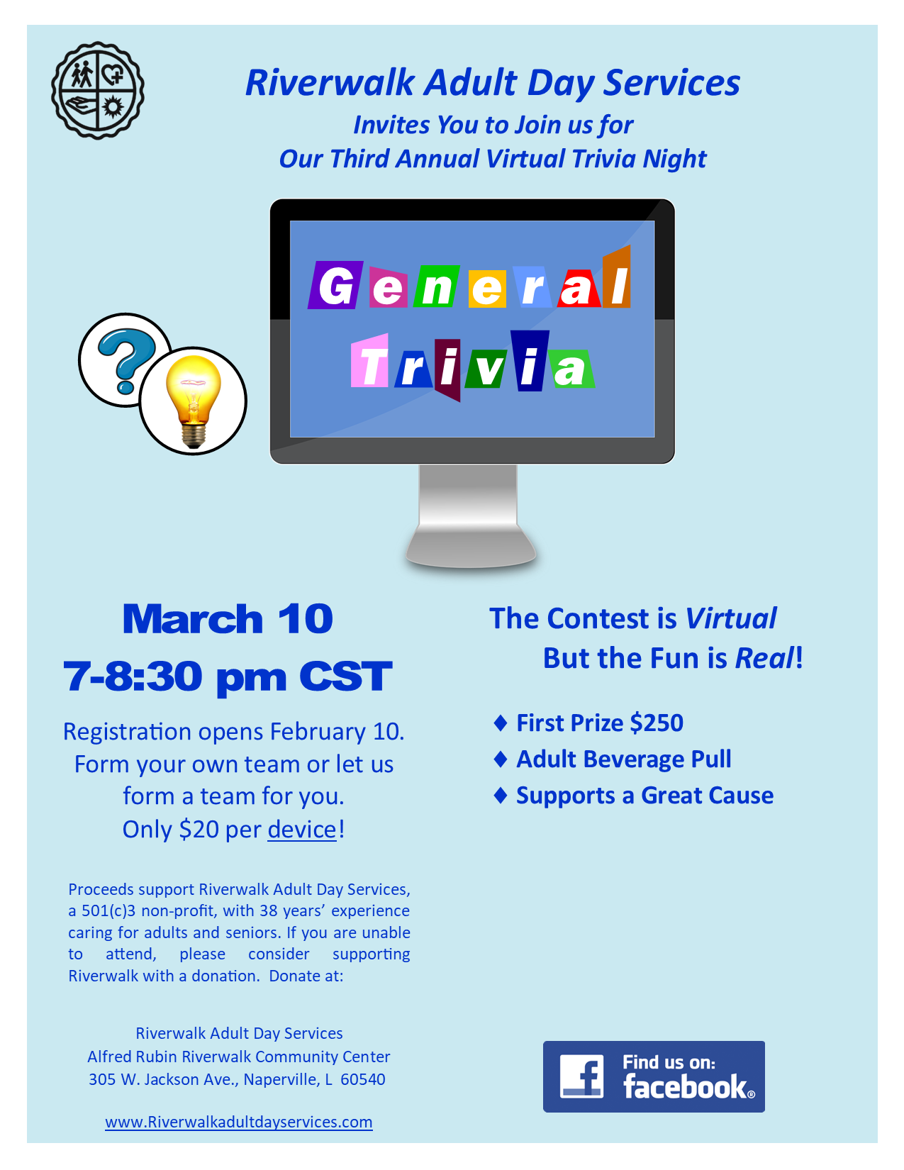 Riverwalk Adult Day Services, Virtual Trivia Night Fundraiser