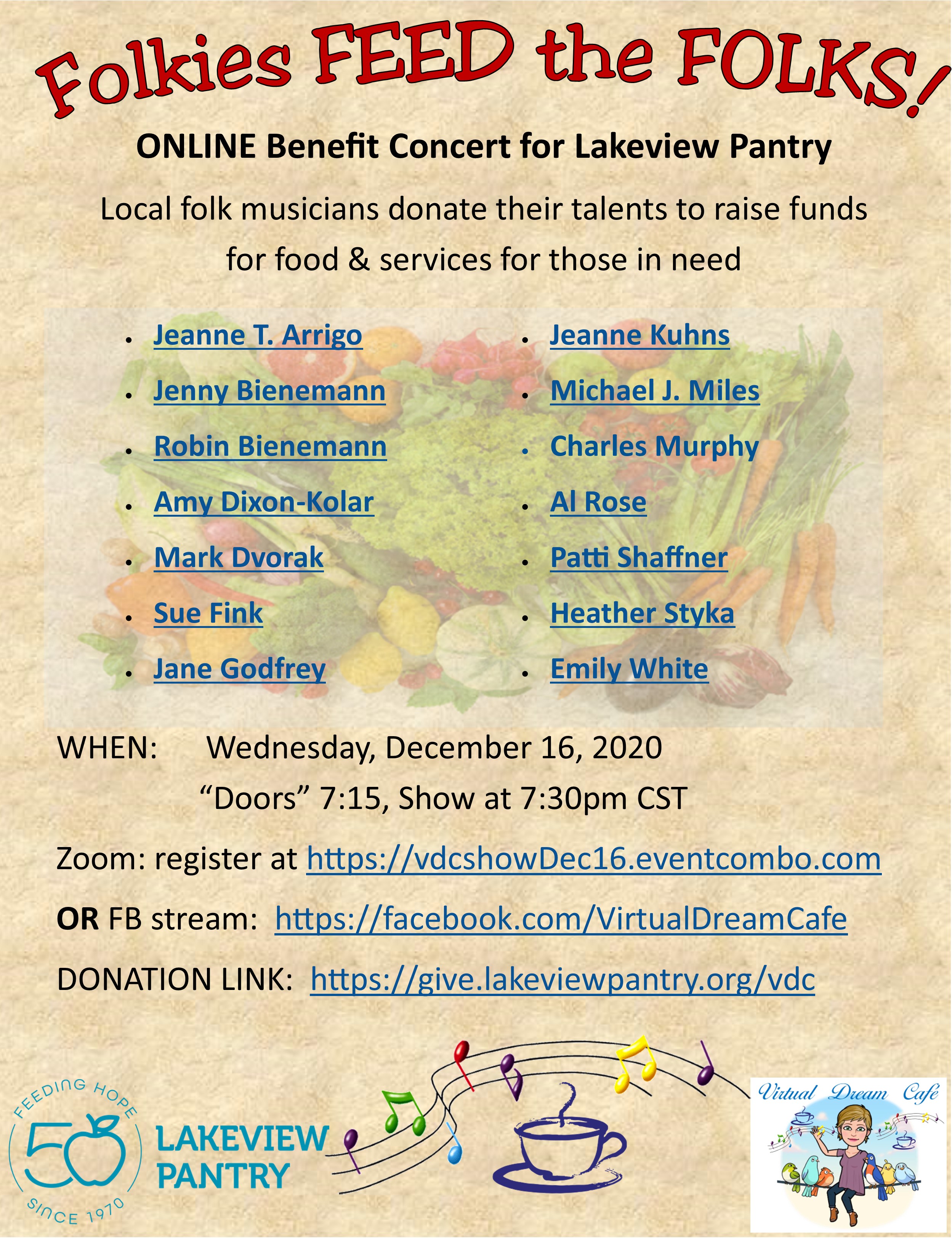 Virtual Dream Café Presents: 
Folkies Feed the Folks! (Benefit Concert for Lakeview Pantry)