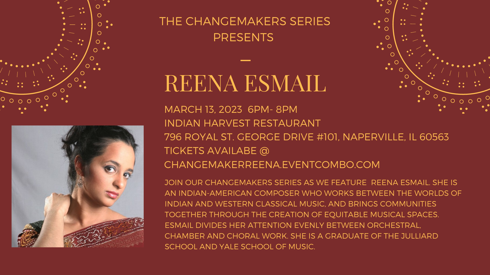 Saily Joshi created a new event. Follow the event here Changemaker Reena Esmail. <br/> <a href='https://www.eventcombo.com/e/changemaker-reena-esmail-67708' target='_blank'>View Event</a>