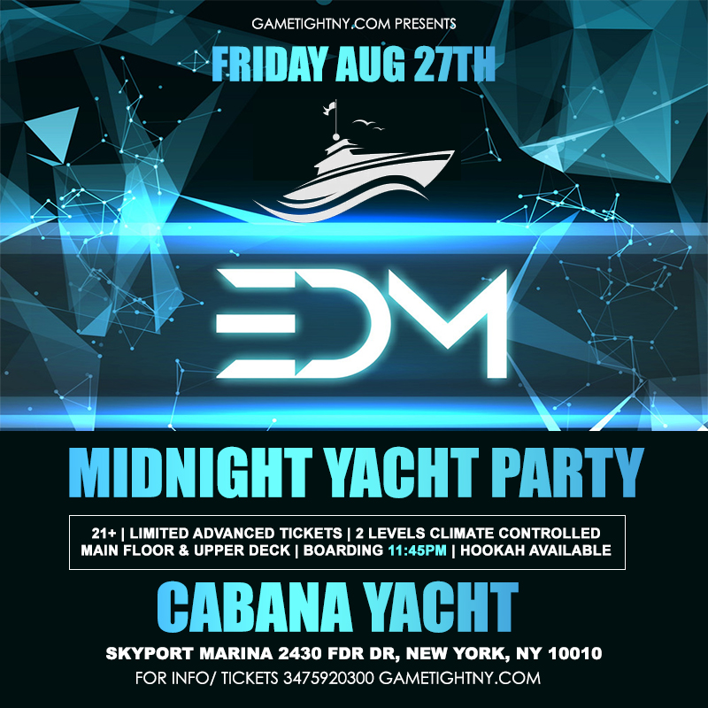 NYC EDM Techno House Friday Midnight Yacht Cruise Skyport Marina Cabana Yacht