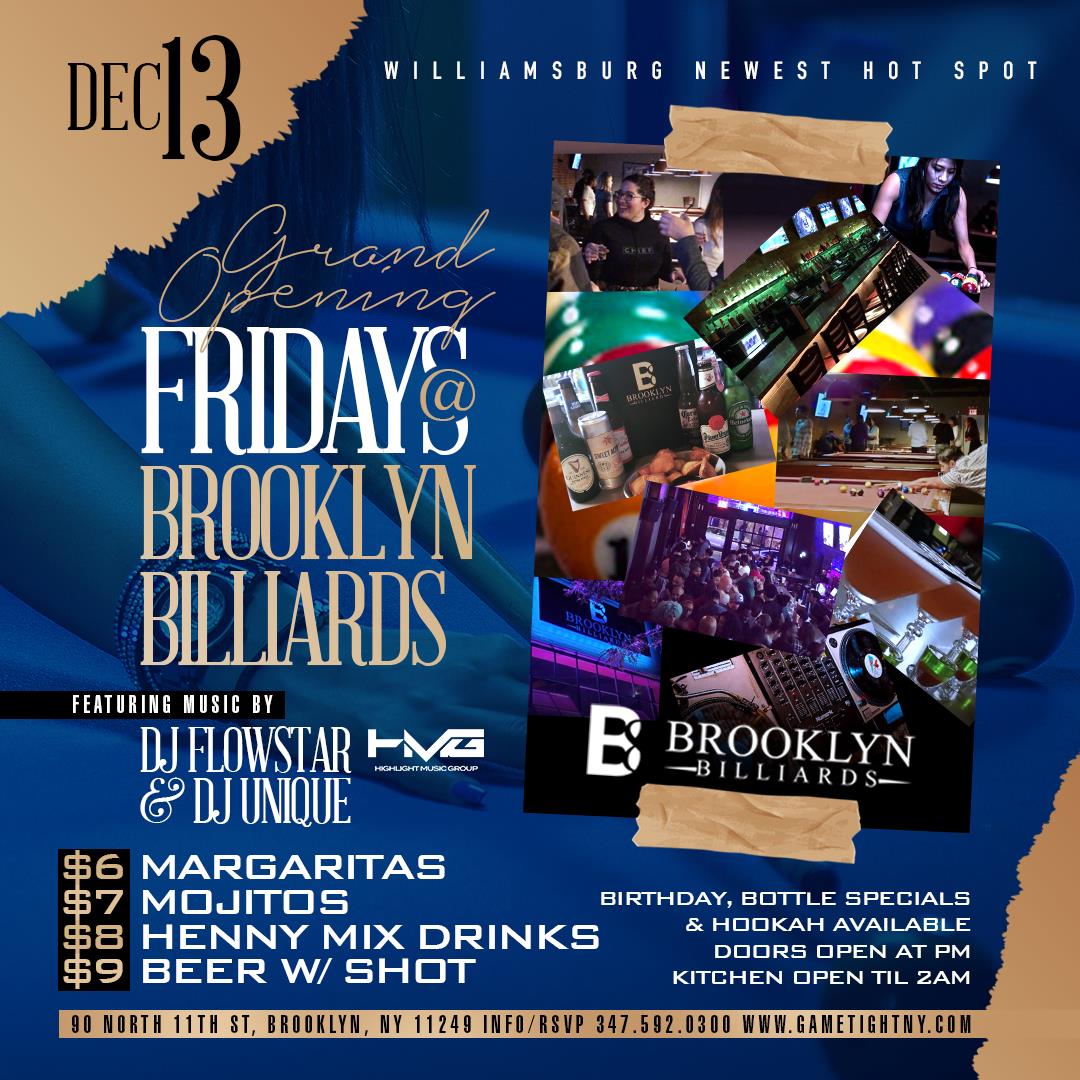 Brooklyn Billiards Hip Hop vs Reggae™ Fridays Everyone FREE 