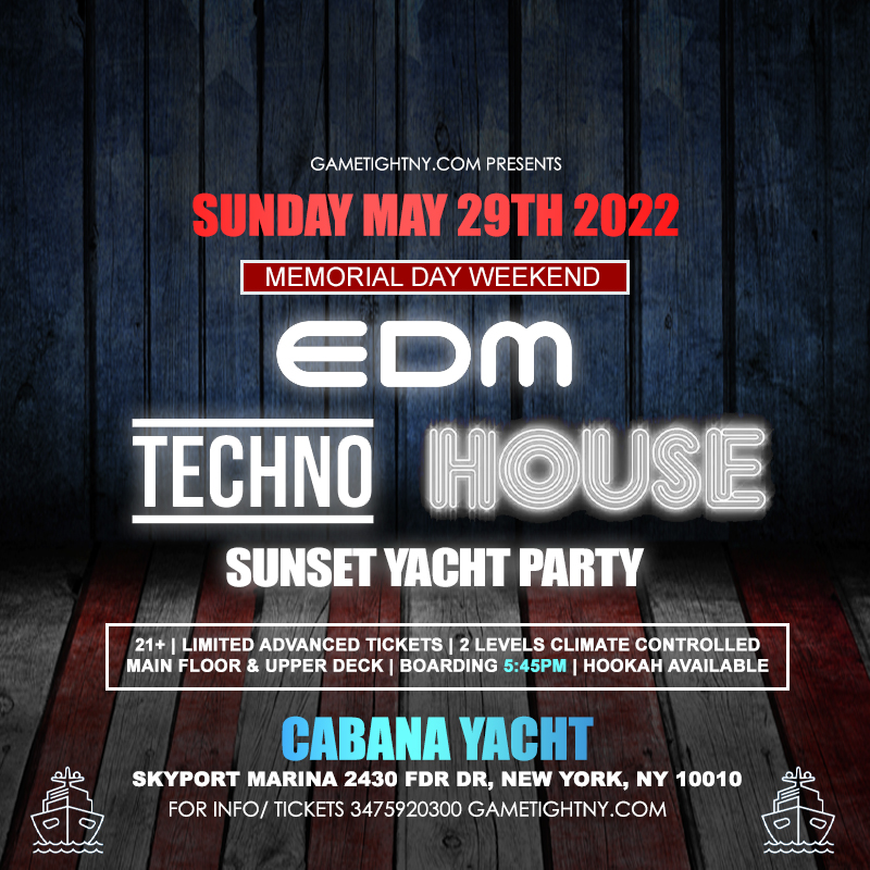 MDW Techno NYC Sunday Sunset Cabana Yacht Party Cruise Skyport Marina 2022 