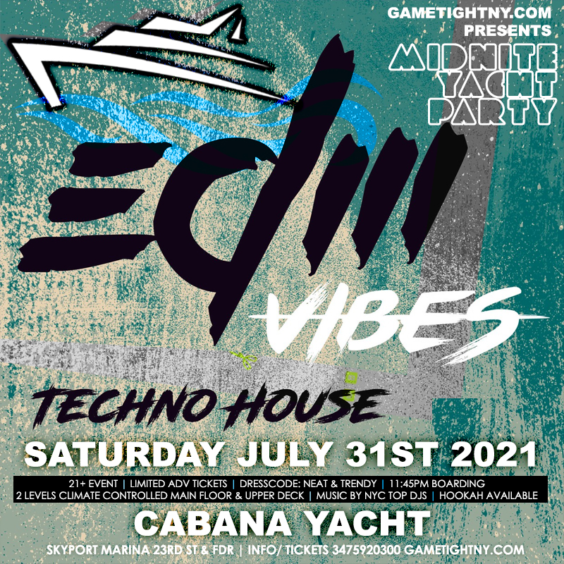 NYC EDM Techno House Saturday Midnight Yacht Cruise Skyport Marina Cabana Yacht