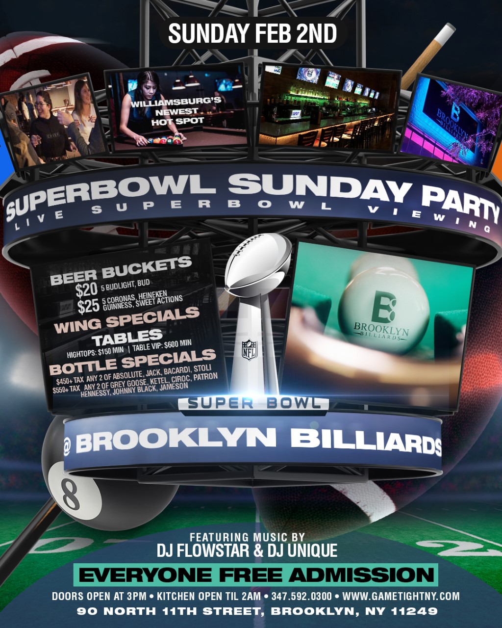 Brooklyn Billiards Superbowl Sunday Viewing party 2020 