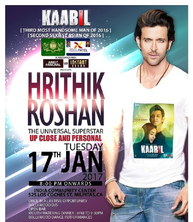 Hrithik Roshan Up, Close and Personal in Bay Area Meet and Greet with Hrithik Roshan for upcoming film Kaabil (Cancelled) Hrithik Roshan Up, Close and Personal in Bay Area Meet and Greet with Hrithik Roshan for upcoming film Kaabil (Cancelled)