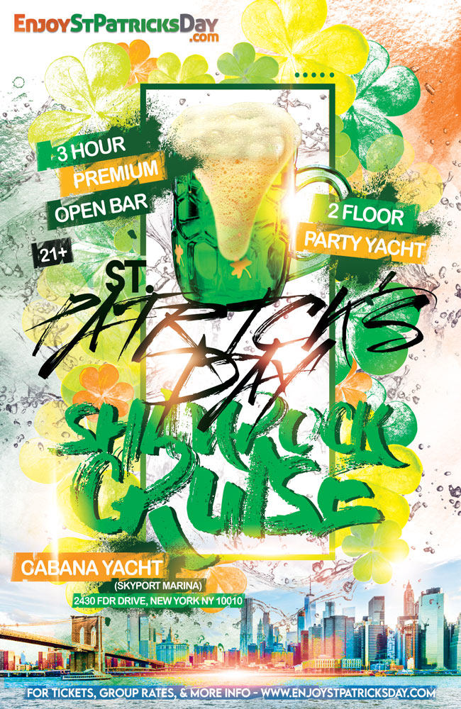 St Paddy's Day Shamrock Party Cruise aboard the Cabana Yacht NYC (3 Hour Open Bar)