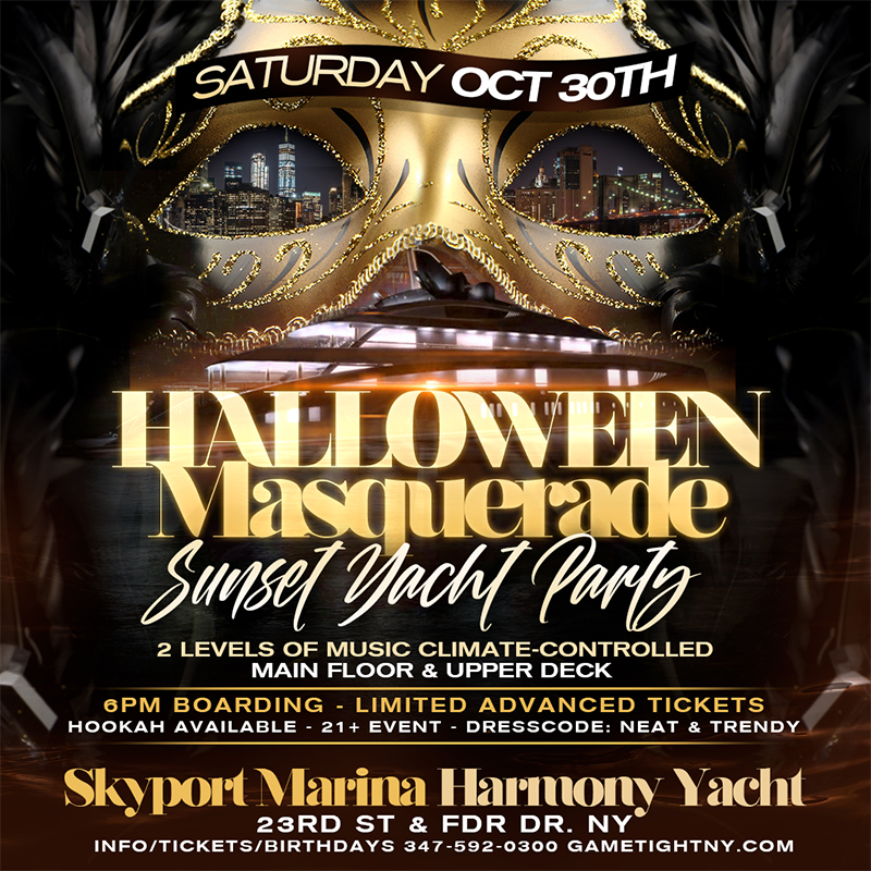 NYC Halloween Masquerade Saturday Sunset Yacht Party Skyport Marina Harmony