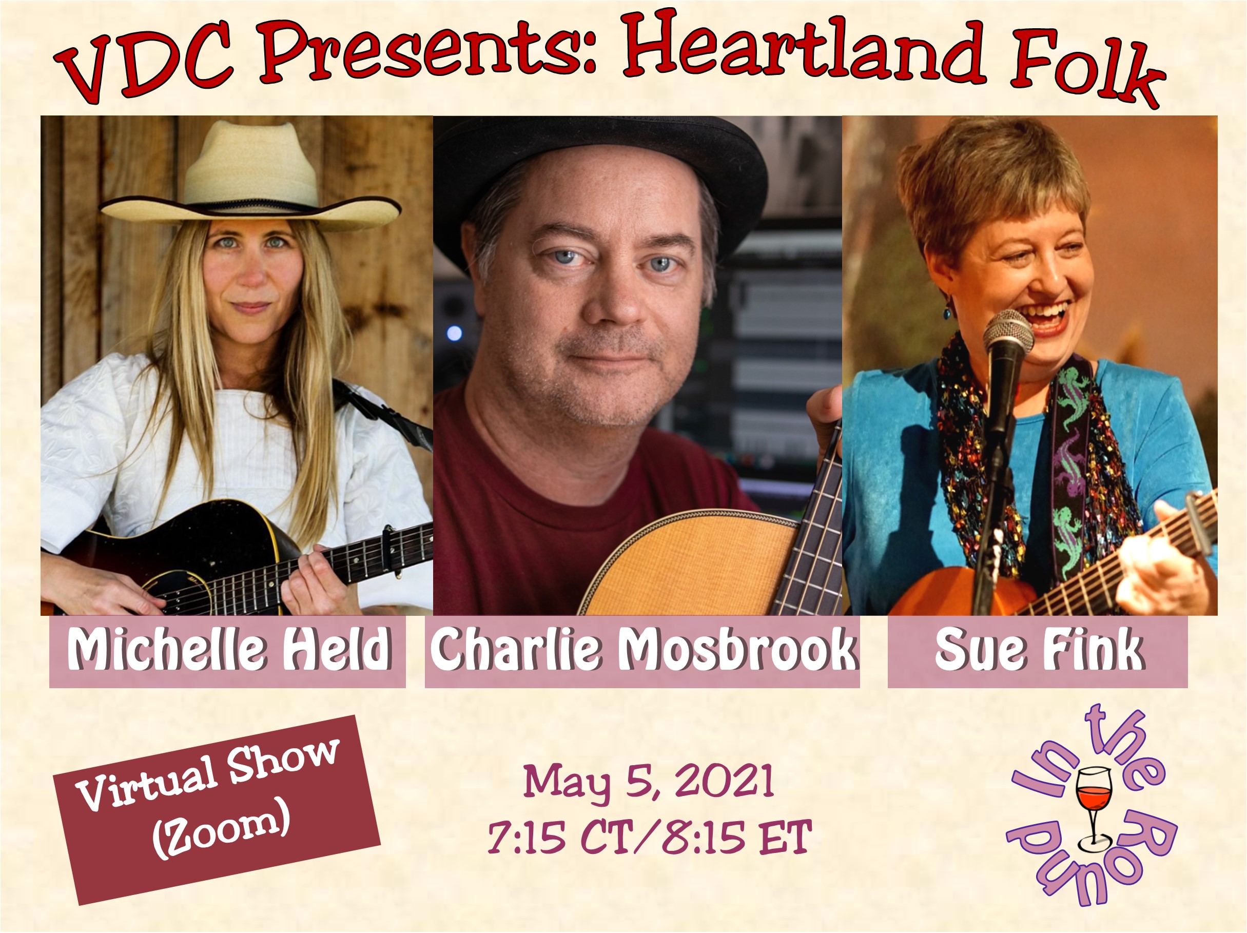 Virtual Dream Café Presents: 
Heartland Folk:  Michelle Held, Charlie Mosbrook, and Sue Fink In-the-Round