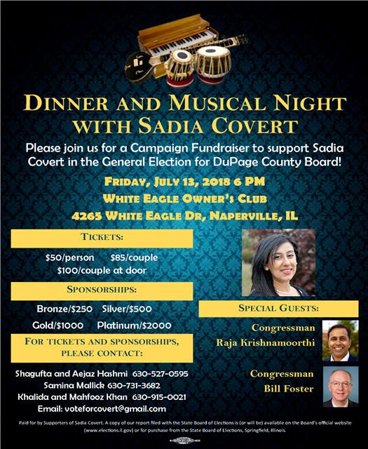 Ghazal Musical Night and Dinner to Support Sadia Covert for Dupage County Board!