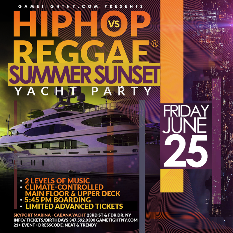 NYC Hip Hop vs Reggae® Yacht Party Sightseeing Sunset Cruise Skyport Marina Cabana Yacht 2021