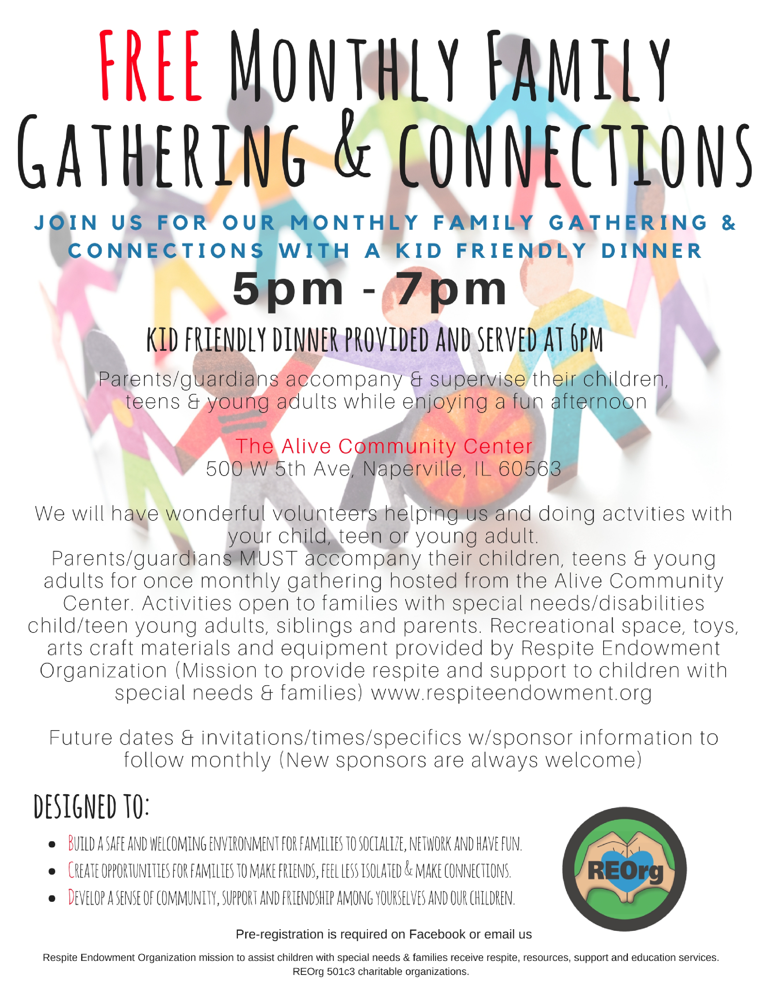 Family Gathering & Connections with Dinner
for children, teen, young adult w/special needs and family